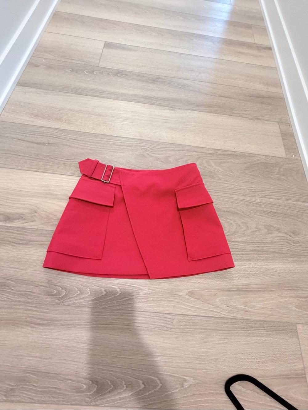 A.L.C. Cherry Red Mini Skirt with Belted Waist and Flap Pockets